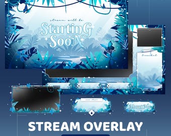 Blue Forest Animated Twitch Overlay Package, Animation Forest, Leaf and Butterfly Element,  Blue Twitch Overlay, Nature Vibes, Webcam, Label