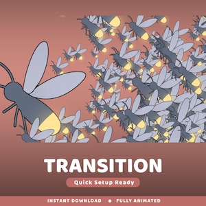 Könnte beinhalten: Digitale Illustration eines Schwarms stilisierter Glühwürmchen mit leuchtend gelben Hinterleibern und grauen Flügeln vor einem rotbraunen Hintergrund. Das Wort "TRANSITION" wird in Weiß angezeigt, darunter "Quick Setup Ready".