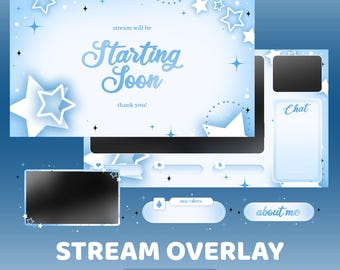 Mjukt galaxanimerat Twitch-överläggspaket, blått strömöverlägg, sött stjärnöverlägg, flickaktigt strömöverlägg, mjukt estetiskt överlägg, kawaii