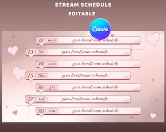 Heart Glow Stream Schedule Overlay Package, Twitch Schedule, Editable Canva, Streamer Branding, Pastel Pink Theme, Gamer Girl Streaming
