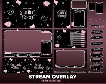 Pink Kitty Animated Twitch Overlay Package, Kawaii Cat Stream, Pink Bow, Crescent Moon Accents, Decorative Celestial Particles, Soft Gothic