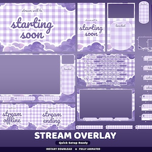 May include: A digital stream overlay set in shades of purple, featuring a gingham pattern and cloud accents. Includes screens for "starting soon", "offline", and "ending", plus a schedule and social media buttons. The text "STREAM OVERLAY" is also visible.