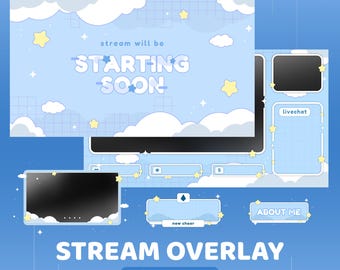 きらめく雲のアニメーションTwitchオーバーレイパッケージ、青い美的Twitchオーバーレイ、夢のような雰囲気のかわいいオーバーレイ、漫画の雲のストリーム、ラベルTwitch