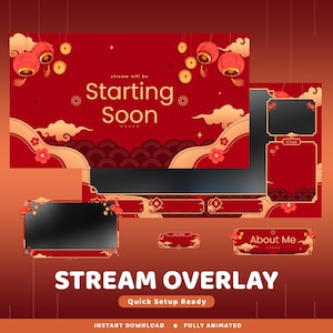 Lanterns of China Animated Twitch Overlay Package, Lunar New Year Theme Twitch Overlay, Red Gold Festive Aesthetic Stream, Label, Screen