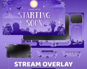 Spooky Purple Animated Twitch Overlay Package, Animation Halloween Purple, Night Halloween Vtuber Overlay, Bat, Spider, Screen, Transition