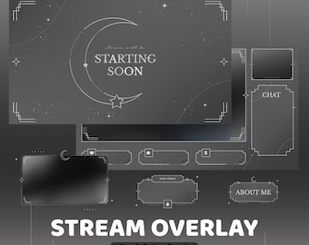 Celestara Animated Twitch Overlay Package, Moon And Stars Overlay, Starry Night Stream Overlay, Mono chrome Vtuber Design, Dreamy Twitch