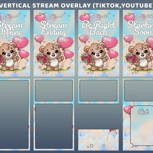 May include: Vertical stream overlay design for TikTok and YouTube. The design features a cartoon bear holding flowers and heart-shaped balloons. Text includes "Stream Offline", "Stream Ending", "Be Right Back", and "Starting Soon".
