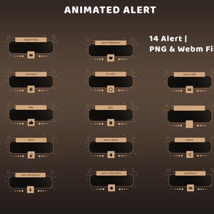 May include: Animated alert graphics with labels such as "superchat," "new follower," and "new raid." The design features a dark brown background with gold accents and black rectangular boxes. The text "14 Alert | PNG & Webm File" is also included.