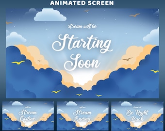 Bright Clouds Animated Screen Overlay Package, Cute Blue Cloud OBS Stream, Dreamy Sky Animated, Pastel Blue Stream, BRB Offline Ending