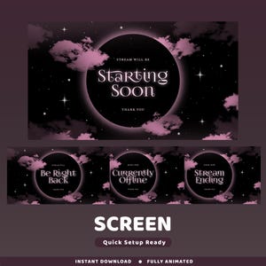 May include: A digital screen design with a dark purple and black background, featuring a large circle with the text "Starting Soon." Additional screens say "Be Right Back," "Currently Offline," and "Stream Ending." The word "SCREEN" is also displayed.