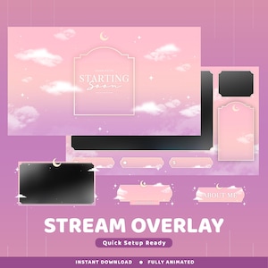 Cloud Whimsy Animated Twitch Overlay Package, Moon And Cloud Overlay, Pastel Pink Vtuber Overlay, Soft Aesthetic Overlay, Minimalist Stream