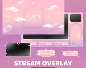 Cloud Whimsy Animated Twitch Overlay Package, Moon And Cloud Overlay, Pastel Pink Vtuber Overlay, Soft Aesthetic Overlay, Minimalist Stream