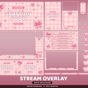 May include: A digital stream overlay set featuring a light pink gingham pattern decorated with pink bows and small yellow stars. The collection includes various frames, panels, and screens with text such as starting soon, stream offline, and stream ending.