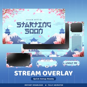 Japan Blossoms Animated Twitch Overlay Package, Animation Sakura Japan, Cute Cherry Blossom Sky Twitch Overlay, Torii Gates, Mystical Japan