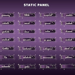 May include: A collection of rectangular static panels with a purple gradient background, featuring a hexagonal pattern, white star accents, and white text labels including giveaway, tiktok, snapchat, credits, website, social, games, facebook, and youtube.
