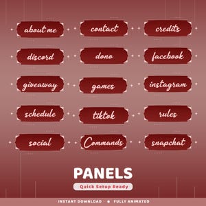 May include: A digital graphic design featuring burgundy panels with white text for online platforms. Panels include "about me", "contact", "credits", "discord", "dono", "facebook", "giveaway", "games", "instagram", "schedule", "tiktok", "rules", "social", "commands", and "snapchat".