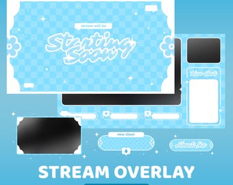 Floral Sky Animated Twitch Overlay Package, Blue Pastel Overlay, Kawaii Twitch Overlay, Soft Cute Streaming Layout, Animated Stream Overlay