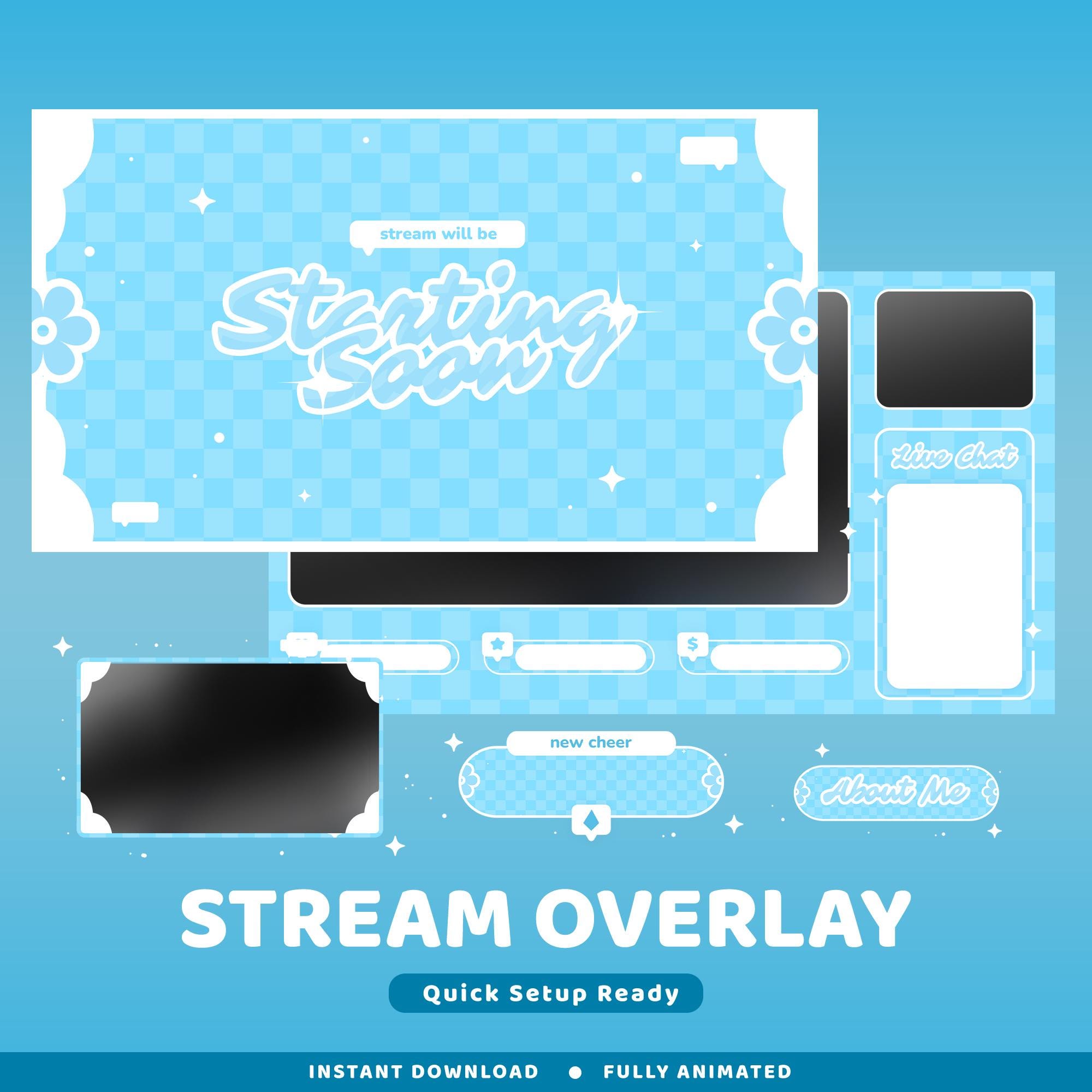Overlay Card Layout Floral Sky Animated Twitch Overlay Package, Blue Pastel Overlay, Kawaii ...