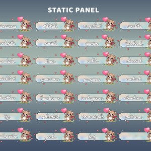 May include: A collection of static panel graphics featuring a cute teddy bear holding a heart balloon and flowers. Each panel has a different label, including "giveaway", "website", "youtube", "wishlist", "twitter", "tip", "subscribe", "tiktok", "social", "dono", "sponsors", "hardware", "schedule", "goals", "snapchat", "games", "rules", "pc specs", "instagram", "commands", "faq", "credits", "facebook", "discord", "contact", "about me", and "patreon".