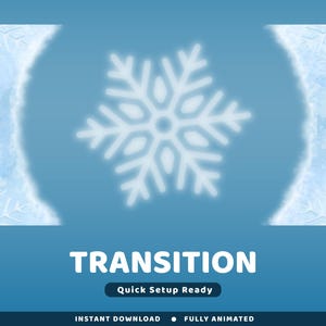 Pode incluir: Gráfico digital com fundo azul e design de floco de neve branco no centro. A palavra "TRANSITION" é exibida em letras brancas grandes, com "Quick Setup Ready" abaixo. As palavras "INSTANT DOWNLOAD" e "FULLY ANIMATED" estão na parte inferior.