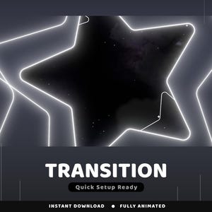 Puede incluir: Un gráfico digital con un fondo oscuro y contornos de estrellas blancos brillantes. La palabra "TRANSITION" se muestra en texto blanco grande, con "Quick Setup Ready" debajo. El banner inferior dice "INSTANT DOWNLOAD • FULLY ANIMATED".