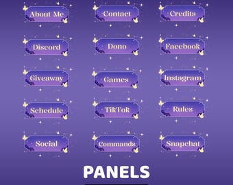 Moonlit City Static Panel Twitch Overlay Paket, Nachthimmel Ästhetik, Schmetterling Panel Twitch, Süßes Lila Overlay, Nachtleuchtendes Panel Overlay