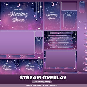 May include: A digital stream overlay set featuring a purple and blue galaxy theme with hanging stars, hearts, and crescent moons. Includes screens for Starting Soon, Stream Offline, and Stream Ending, along with chat boxes, schedule bars, and buttons.