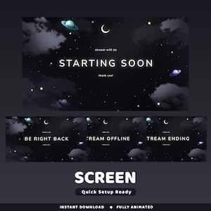 Könnte beinhalten: Digitales Bildschirmdesign mit einem Nachthimmel-Thema, das Planeten, Sterne und Wolken zeigt. Der Hauptbildschirm zeigt "STARTING SOON" mit zusätzlichen Bildschirmen für "BE RIGHT BACK", "STREAM OFFLINE" und "STREAM ENDING". Enthält den Text "SCREEN" und "Quick Setup Ready".