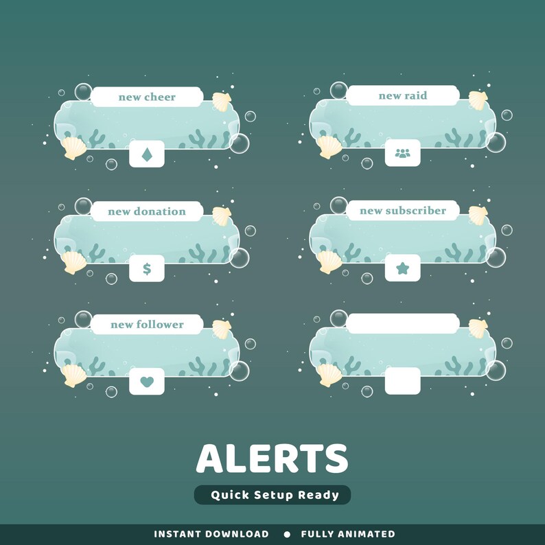 Bubble Sea Animated Alert Twitch Overlay Package, Mint Green Stream ...