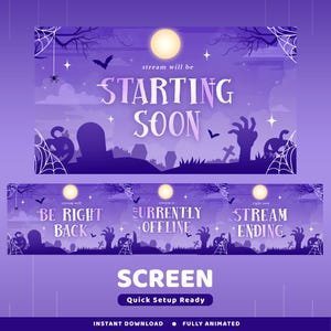 Spooky Purple Animated Screen Overlay Package, Animation Scene Halloween Purple, Night Halloween Overlay, Bat, Spider, Moon, Dark Halloween