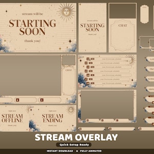 May include: A digital stream overlay set featuring a beige background with dark brown text, celestial sun and star motifs, and blue cloud accents. Includes screens for starting soon, stream ending, and offline, plus chat boxes and button panels.