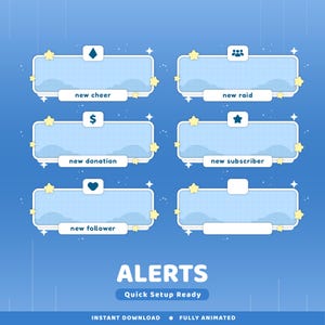 Twinkle Clouds Animated Alert Twitch Overlay Package, Animation Alert Blue Aesthetic, Kawaii Vtuber Overlay, Cloud, Star, Animated Twitch