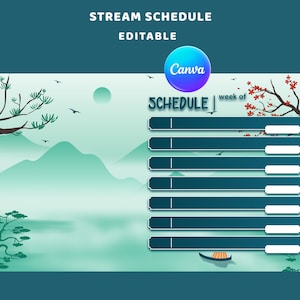 Op de afbeelding: Een turquoise en groene stream-schema sjabloon met de tekst "Stream Schedule Editable" bovenaan. Het ontwerp toont een landschap met bergen, bomen en een boot. Het woord "Schedule" staat in grote, gestileerde letters, met een Canva-logo.
