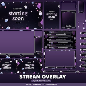 May include: A digital stream overlay design in purple and black, with ghost and star illustrations. The design includes sections for live chat, stream status, and schedule, with text elements like "starting soon" and "stream offline."