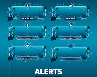 Ocean Animated Alert Twitch Overlay Package, Animation Alert Under Water, Nature Vtuber Overlay, Watery, Fish, Animated Twitch Overlay Blue
