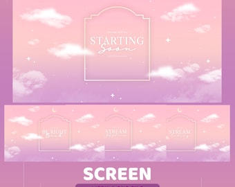 Cloud Whimsy Animated Screen Overlay Package, Soft Pink Screen Overlay, Dreamy Stream Overlay, Moon And Stars Element, Girly Twitch Overlay