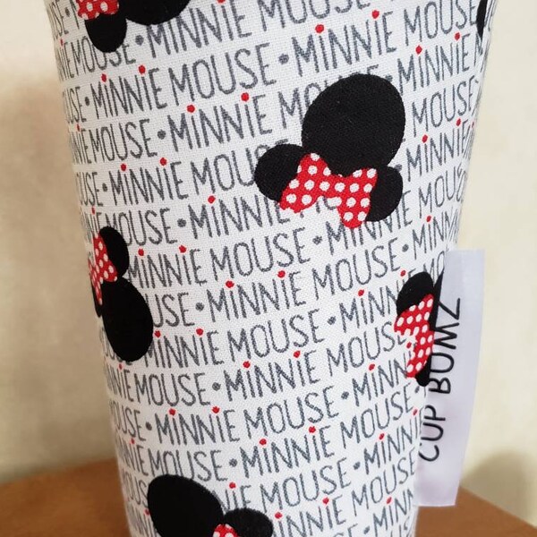 CUP BUMZ 32oz Minnie Licensed Fabric-Large Iced Coffee Cup Insulator/Hug/ Sleeve Fits Dunkin Donuts/ Starbucks/ McDonald's