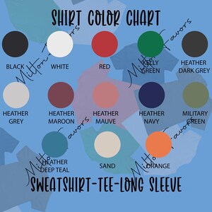 The image is a color chart for different types of sweatshirt-themed shirts, including black, white, red, green, and navy.