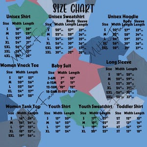 a size chart for various clothing items, including a unisex tank top, a unisex sweatshirt, a unisex hoodie, a unisex body sleeve, a unisex body sleeve, a unisex v neck tee, a baby suit, a long sleeve, a women's tank top, and a youth sweatshirt. The chart provides size information for each item, ranging from S to M, with corresponding width length measurements.