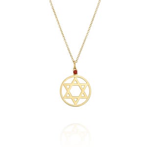 14K Gold Star of David Pendant with Garnet from Israel, HolyGems Gold Magen David Necklace, High-End David Star Jewish Woman Necklace