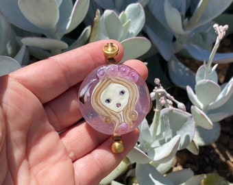 Large Doll Angel Lampwork Glass Bead on Raw Brass Pendant