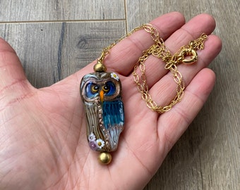 Long Raw Brass Lampwork Necklace Owl Bead