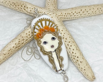 Large Lampwork Doll Face Angel Pendant Necklace with 22K Gold Lustre