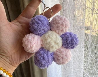 Large Crochet Daisy Flower Keychain Charm Purple Pink