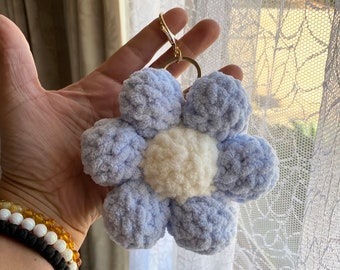 Large Crochet Daisy Flower Keychain Charm Baby Blue