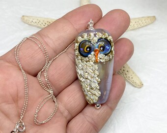 Sterling Silver Large Lampwork Owl Glass Pendant Sterling Silver