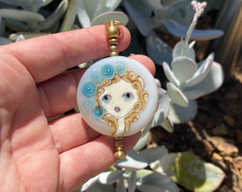 Large Doll Angel Lampwork Glass Bead on Raw Brass Pendant