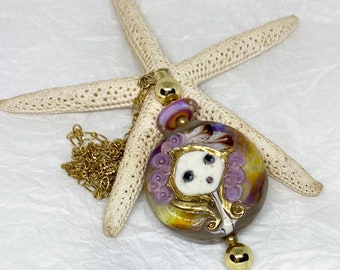 Large Doll Angel Lampwork Glass Bead on Raw Brass Pendant with Real 24k Gold Enameling