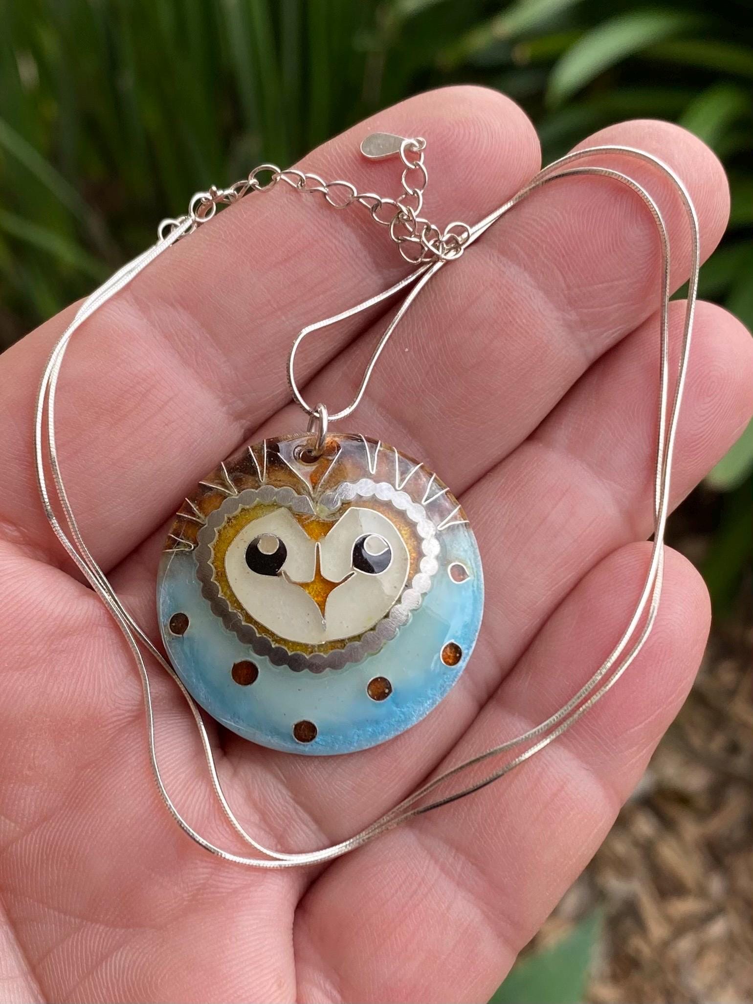 Cloisonné Owl Fine Silver Pendant Handmade Original Design
