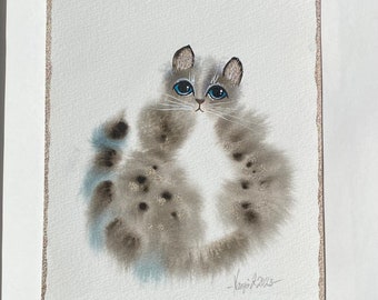 ORIGINAL Watercolour Painting Art Cat